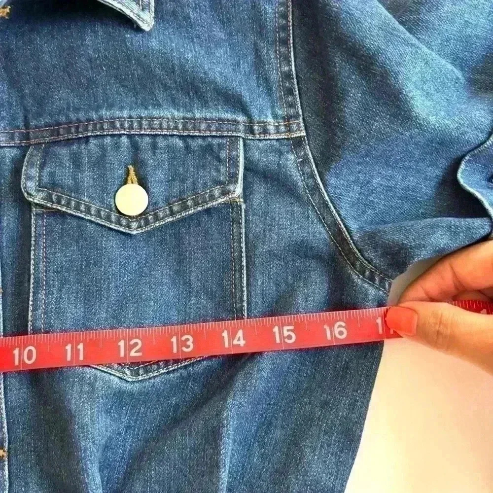 Le Lis Denim “70’s” Retro Collared Button Down Fitted Raw Hem Jean Dress Size M - Picture 16 of 16